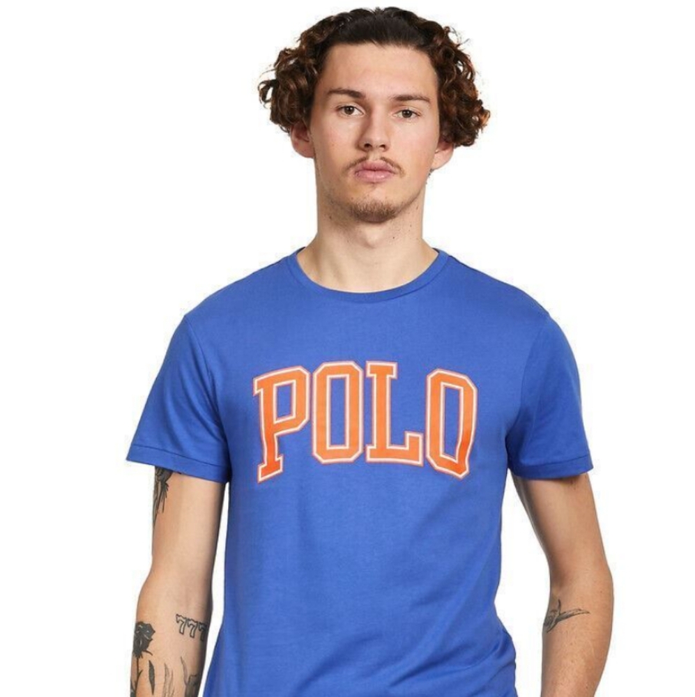 Polo Ralph Lauren Orange Logo Print Crew Neck Tee Men's Sz L Liberty Blue